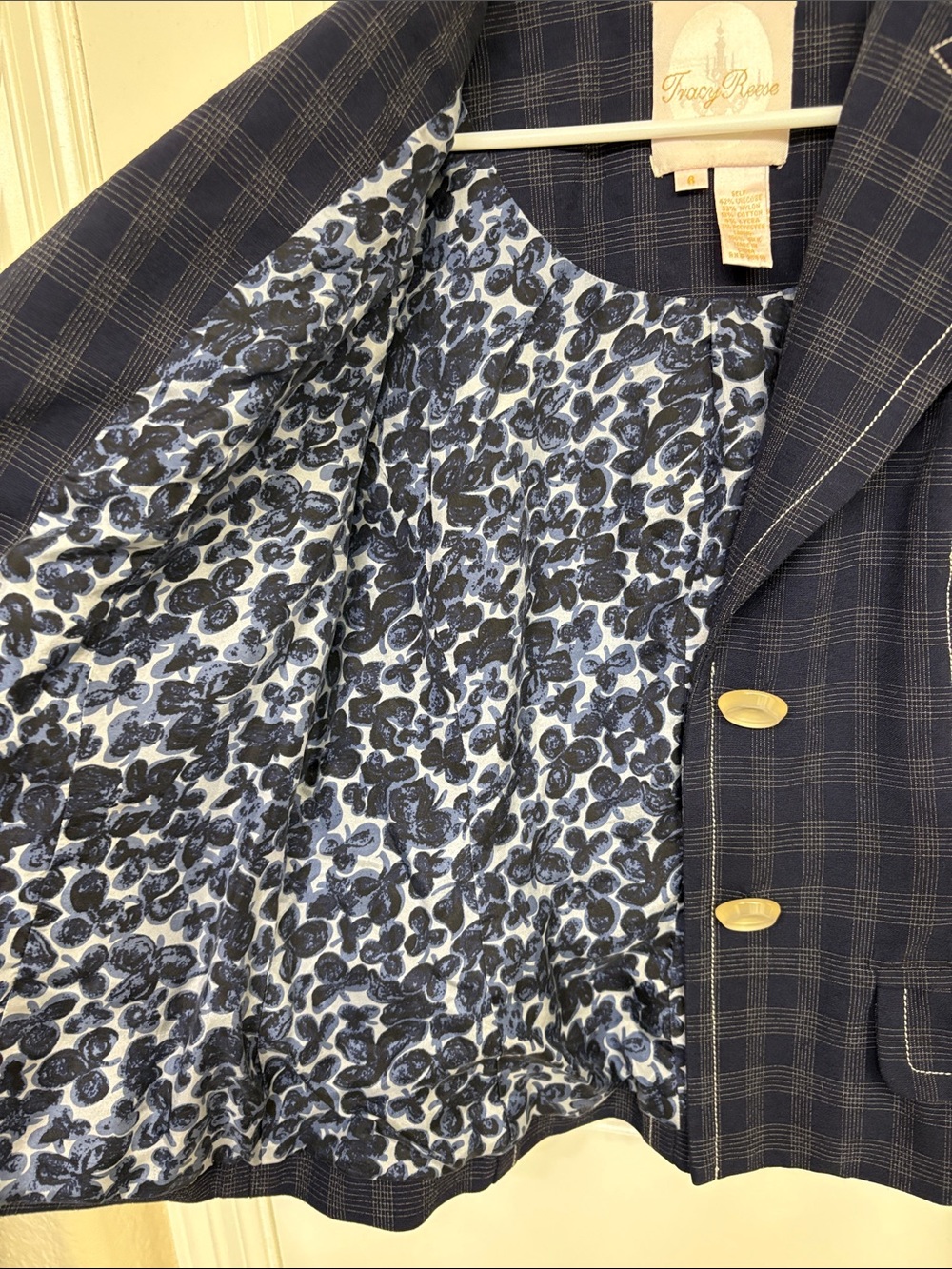 Tracy Reese Navy Plaid Tailored Blazer with Contrast Stitching - Picture 6 of 12